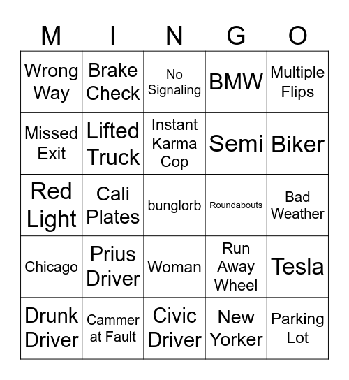 Idiots In Cars Mingo Bingo Card
