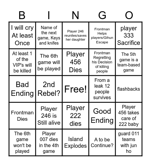 Squid game Season 3 Prediction Bingo Card
