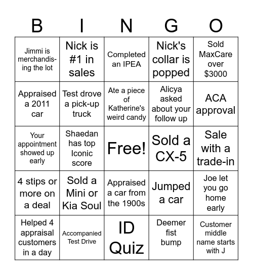 Sales BINGO Card