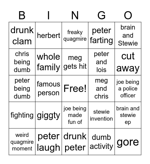family guy funny moments Bingo Card
