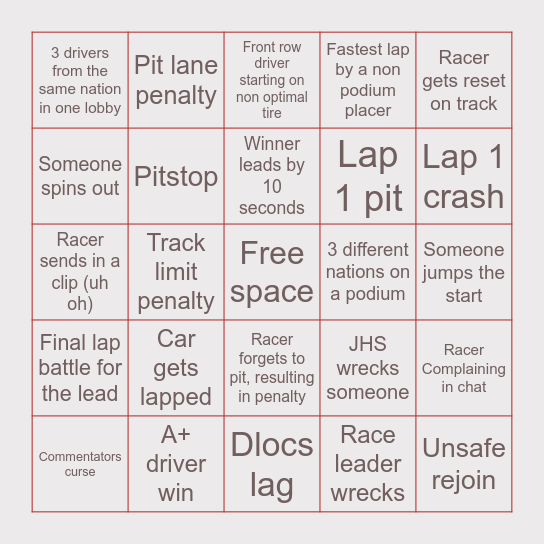 RED DRAGON RACING1228 Bingo Card