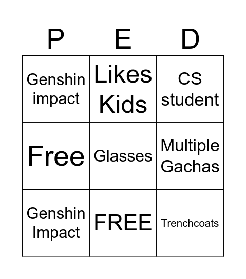 PEDO Bingo Card