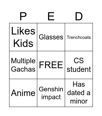PEDO Bingo Card