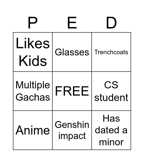 PEDO Bingo Card