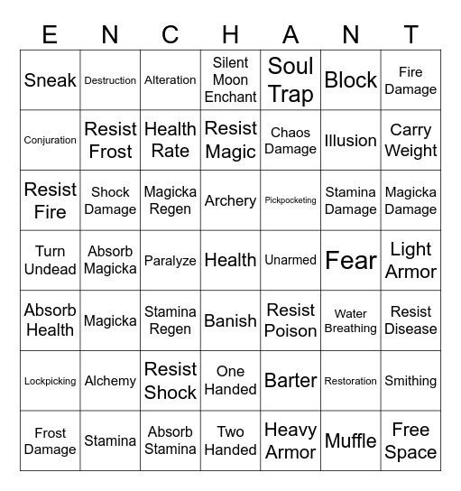 Skyrim Challenge 4 Bingo Card