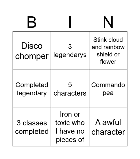 1 million coin bingo Card