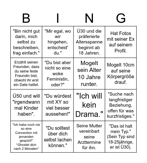 Online Dating Bullshit Bingo Card
