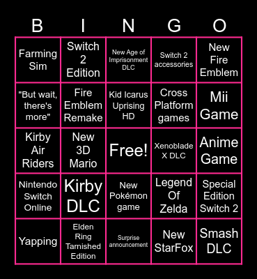 Nintendo Direct Bingo Card