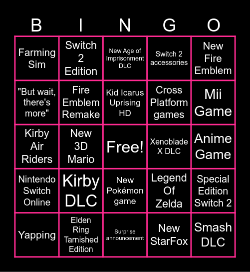Nintendo Direct Bingo Card