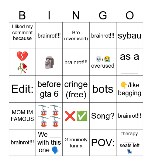 YouTube comments core Bingo Card