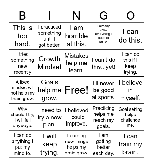 Growth Mindset Bingo Card