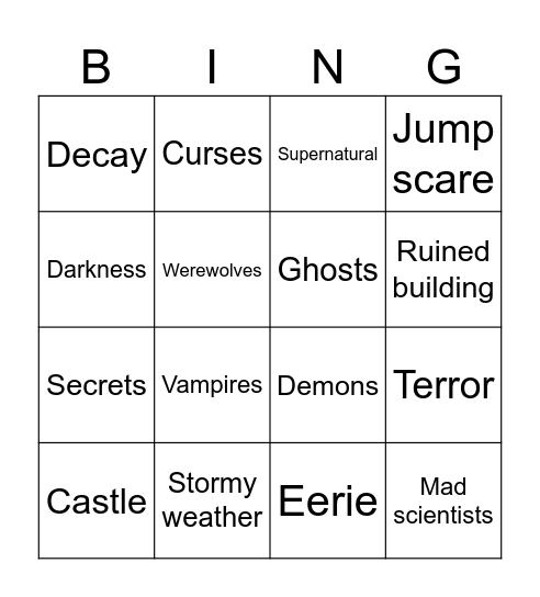 Gothic horror story Bingo Card