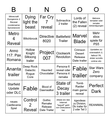 Summer of Gaming Showcase Bingo Card