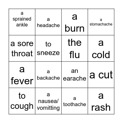 Health Problems Bingo Card