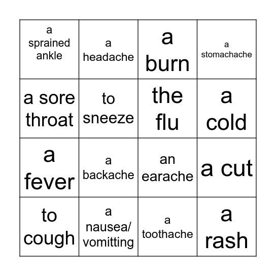 Health Problems Bingo Card