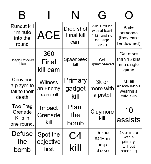 Rainbow Six Bingo Card