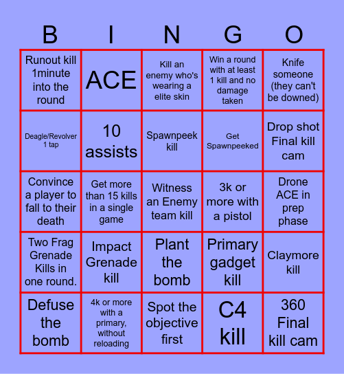 Rainbow Six Bingo Card