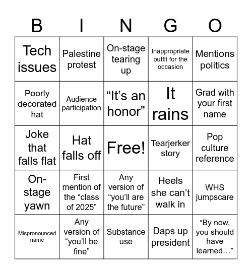 Steve’s graduation Bingo Card