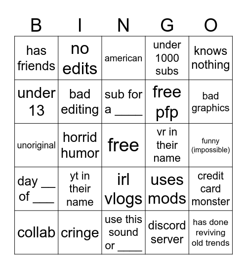 gorrila tag youtuber Bingo Card