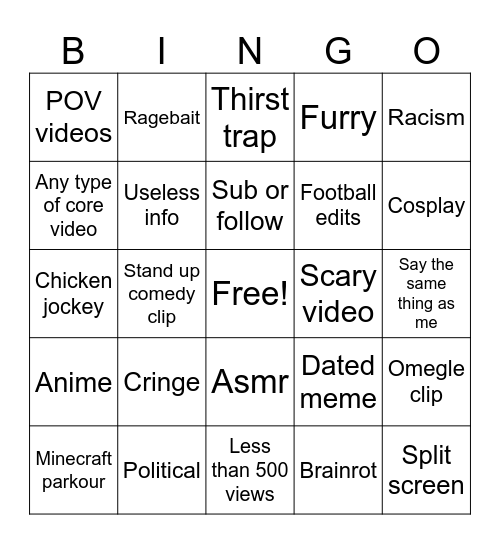 TikTok Vs YouTube Shorts Bingo Card