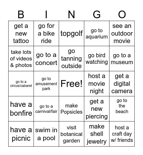 summer 2025 Bingo Card