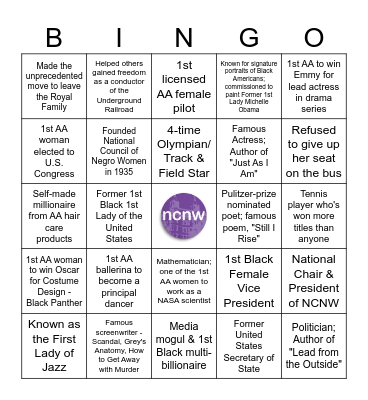 Famous Women in History Bingo Card