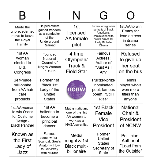 Famous Women in History Bingo Card