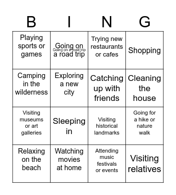 Weekend Activities Bingo Card