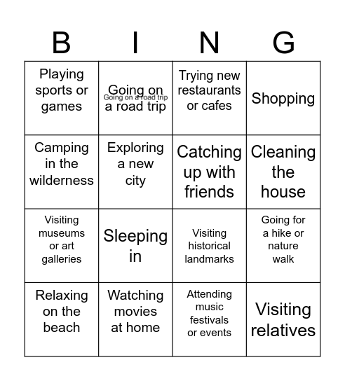 Weekend Activities Bingo Card