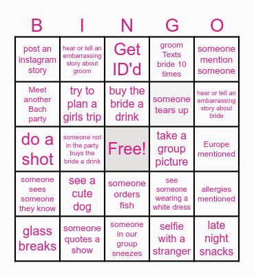 Bachelorette Bingo Card