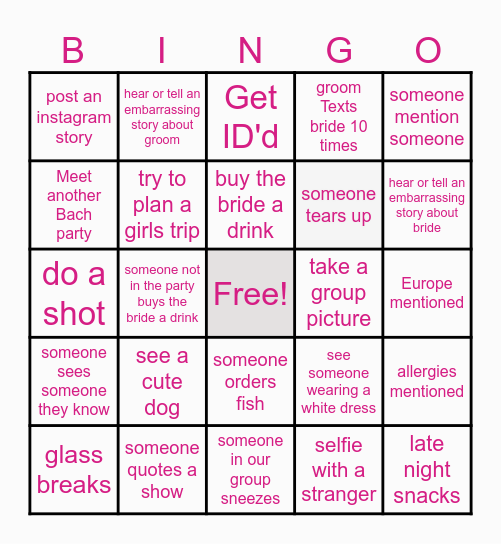 Bachelorette Bingo Card