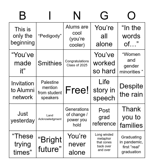 Smith Bingo Card
