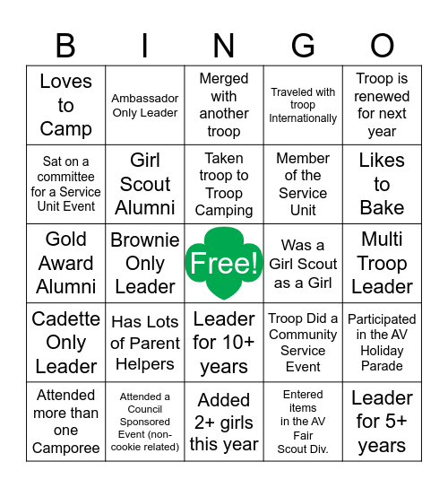 Girl Scout Leader Bingo Card