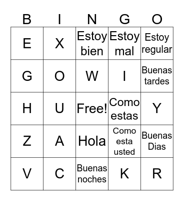 Spanish bingo Card
