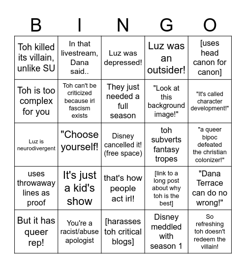 Common "Defenses" of The Owl House Bingo Card