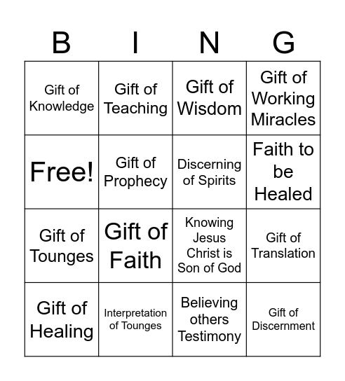 Gifts of the Spirit Bingo Card