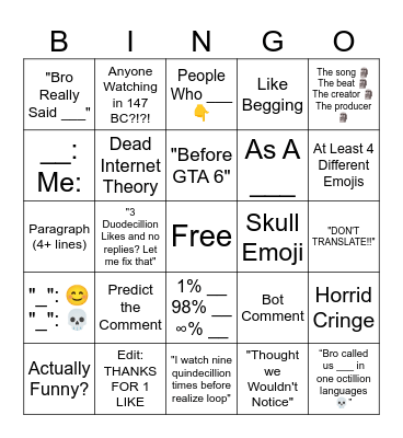 YT Shorts Comment Sections Bingo Card