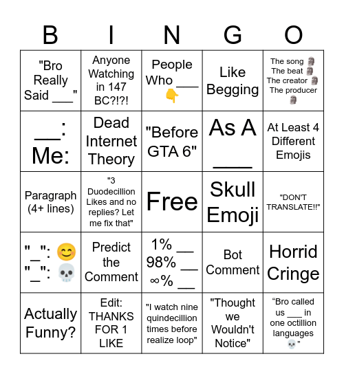 YT Shorts Comment Sections Bingo Card