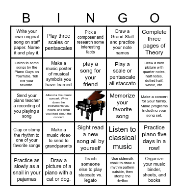 Summer Piano Bingo Card