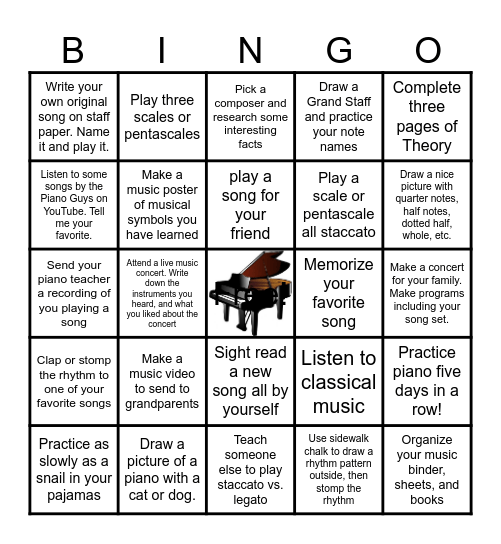 Summer Piano Bingo Card