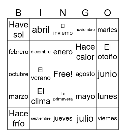 Spanish Bingo Card