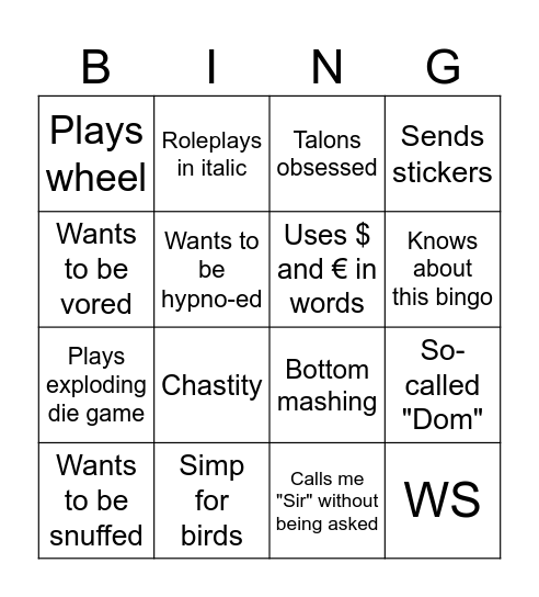 Eligos' Findom Bingo Card