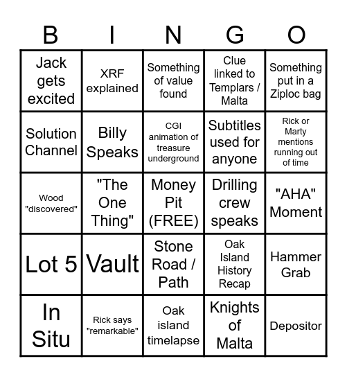 Curse of Oak Island Bingo Card