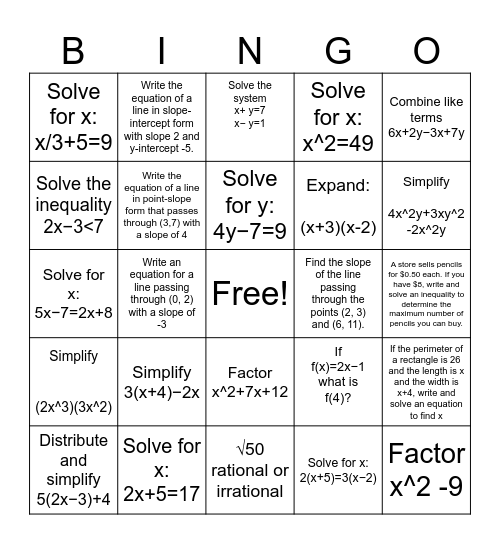 Algebra 1 Bingo Card