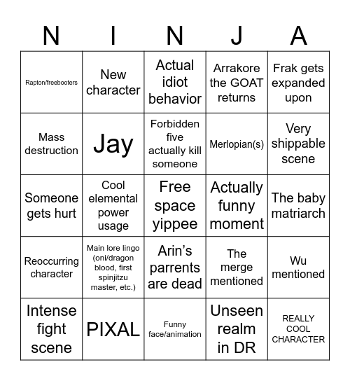 Ninjago bingo Card
