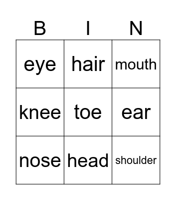 Body parts Bingo Card