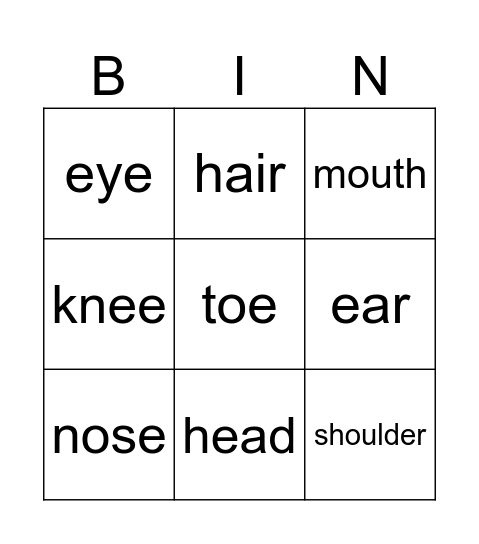 Body parts Bingo Card