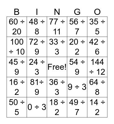 Division Bingo Card