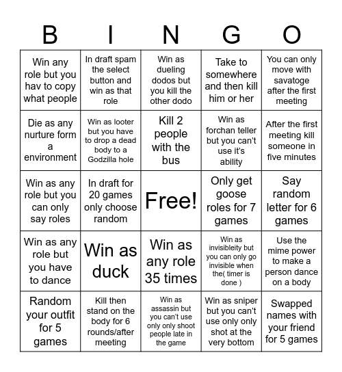 Goose goose duck Bingo Card