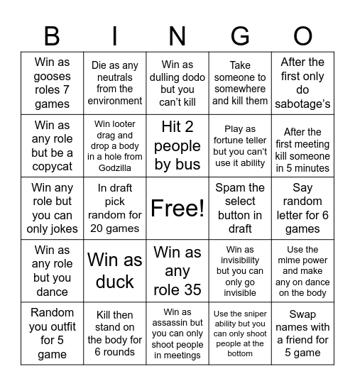 Goose goose duck Bingo Card
